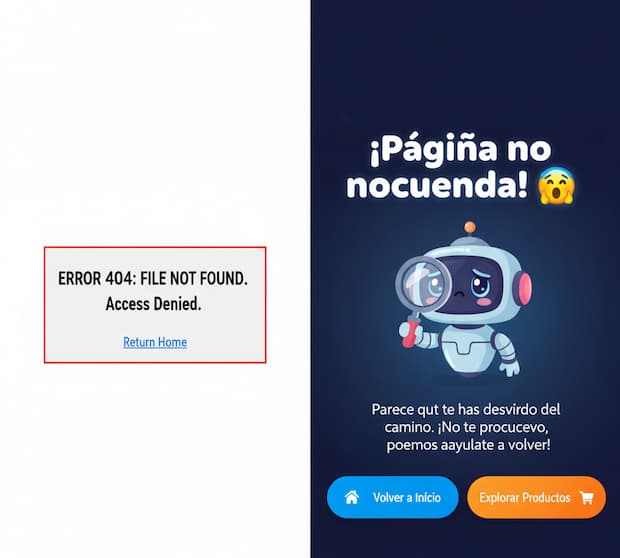 UX writing - Comparativa de error 404. Mala implementación dice "File Not Found" buena implementación "Página no encontrada y facilita dos opciones"
